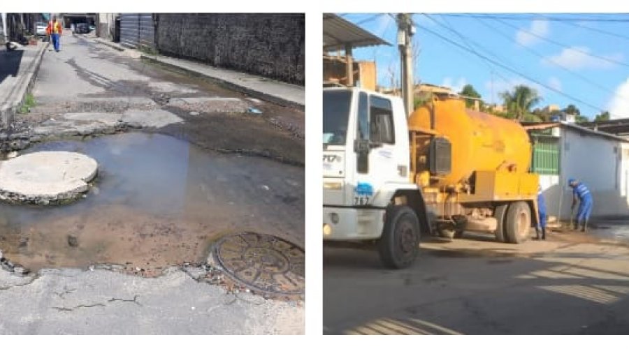 [Após denúncia, Embasa envia equipe técnica para conserto de esgoto estourado na Rua Ana Cristina, no bairro de Nova Constituinte]